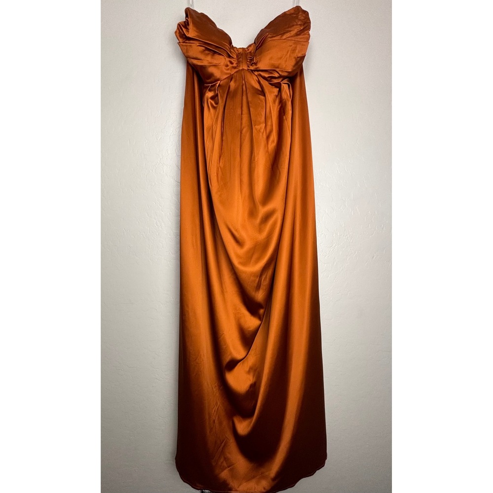 Lulus Memorable Entrance Rust Orange Satin Strapless Bow Maxi Dress 1X 2847